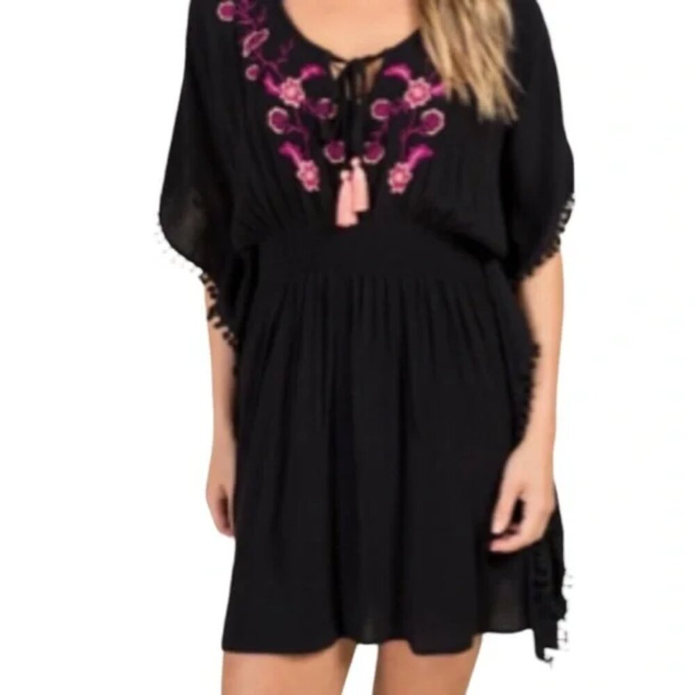 Francesca's Boho Embroidered Swim Cover Up Black/Pink Size Medium